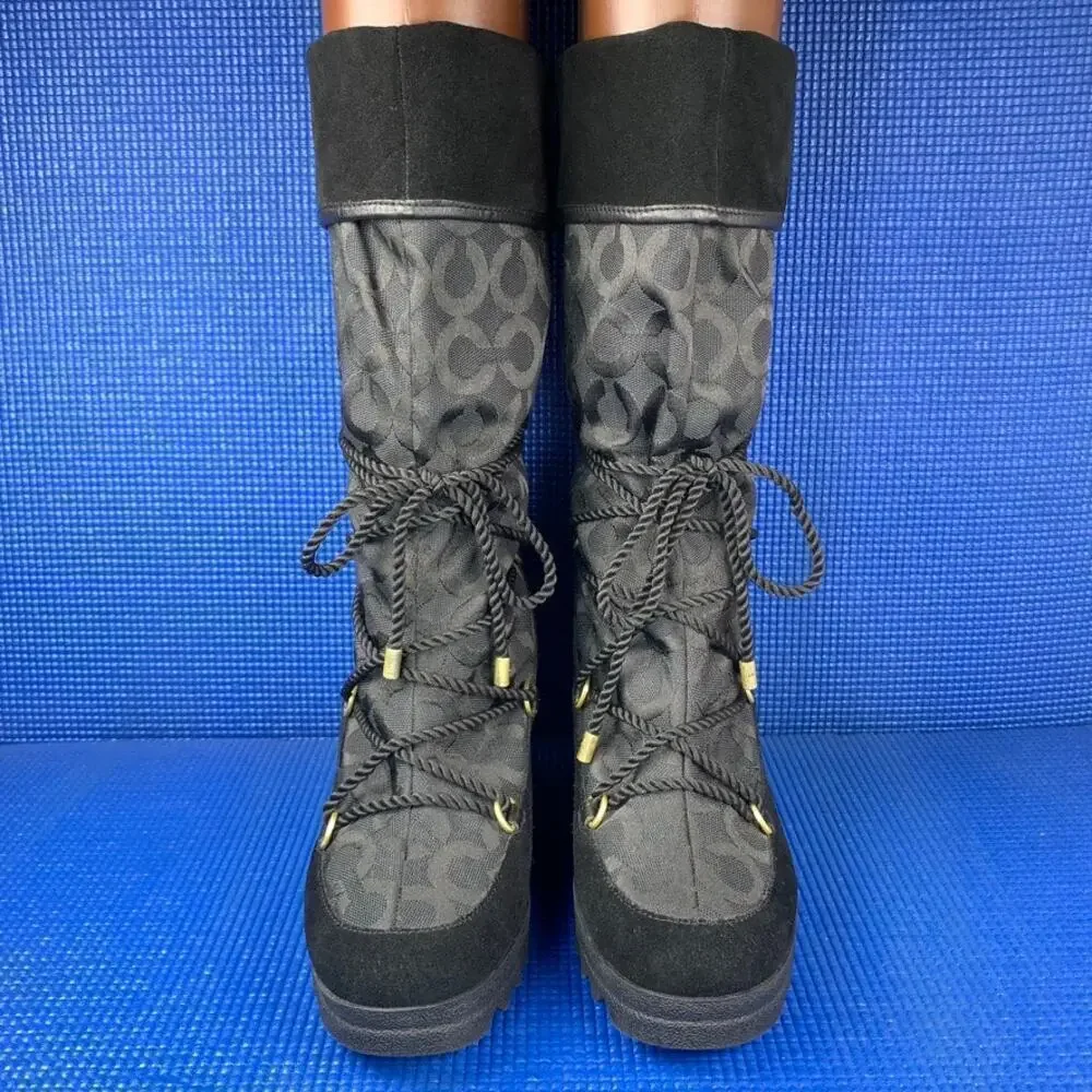 🔴 COACH MAISY Women`s Size 8.5 Black Monogram Suede Leather Wedge Boots A7292